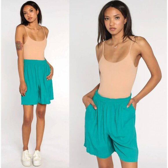 Vintage 90s Womans 10 Bermuda Shorts 100% Silk Elastic Waist Pull On Teal Blue - Picture 1 of 7